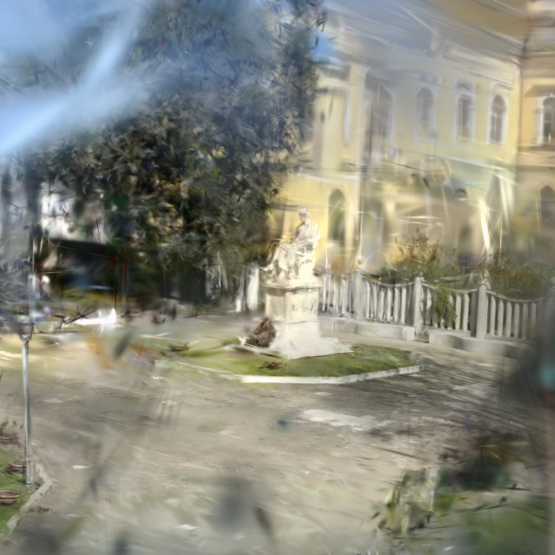 Particolare del selciato della piazza e delle ombre, ricostruiti con imperfezioni tipiche degli algoritmi di splatting